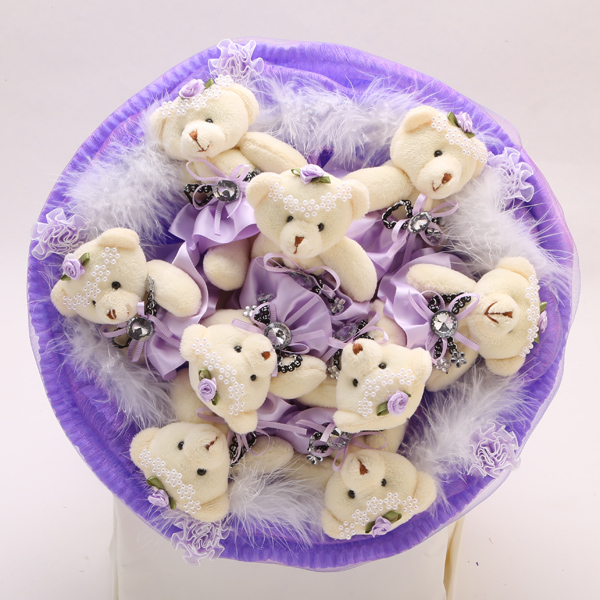 Букет с медвежатами и боа (9 шт, фиолетовый)