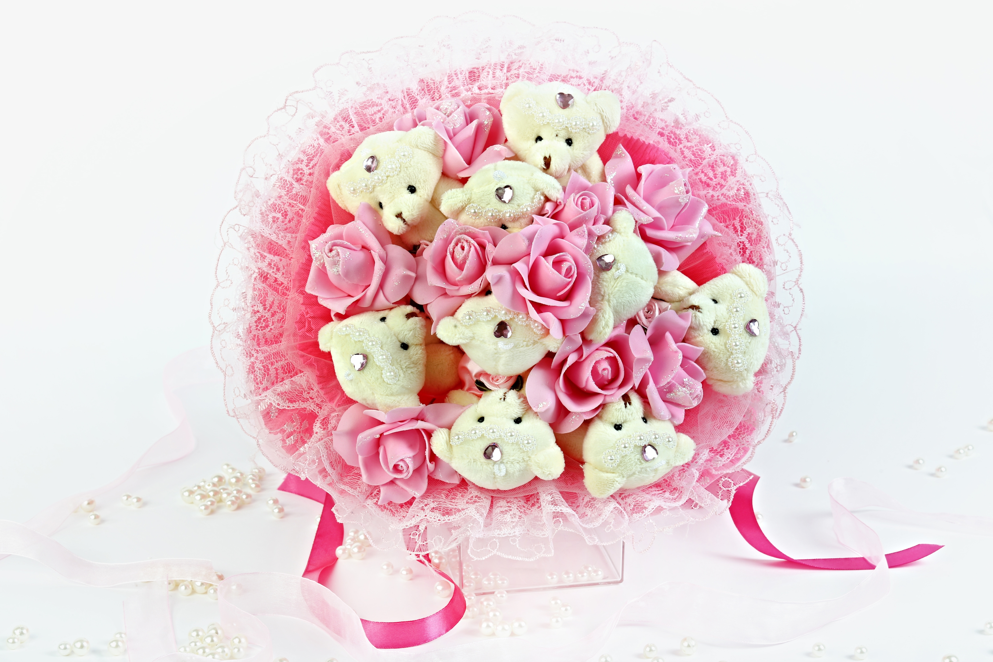 Букет с медвежатами и розами (9 шт, розовый) 